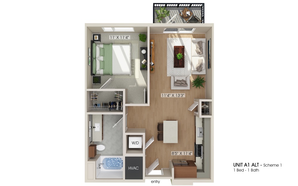 A1 ALT - 1 bedroom floorplan layout with 1 bathroom and 680 square feet (Furnished
)