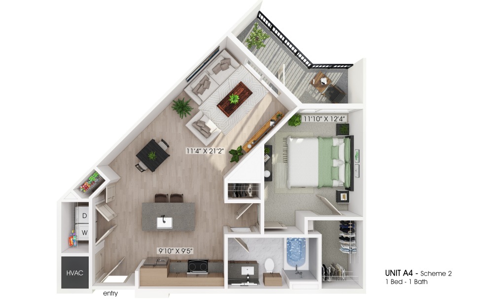 A4 Essential Living - 1 bedroom floorplan layout with 1 bathroom and 776 square feet (3D)