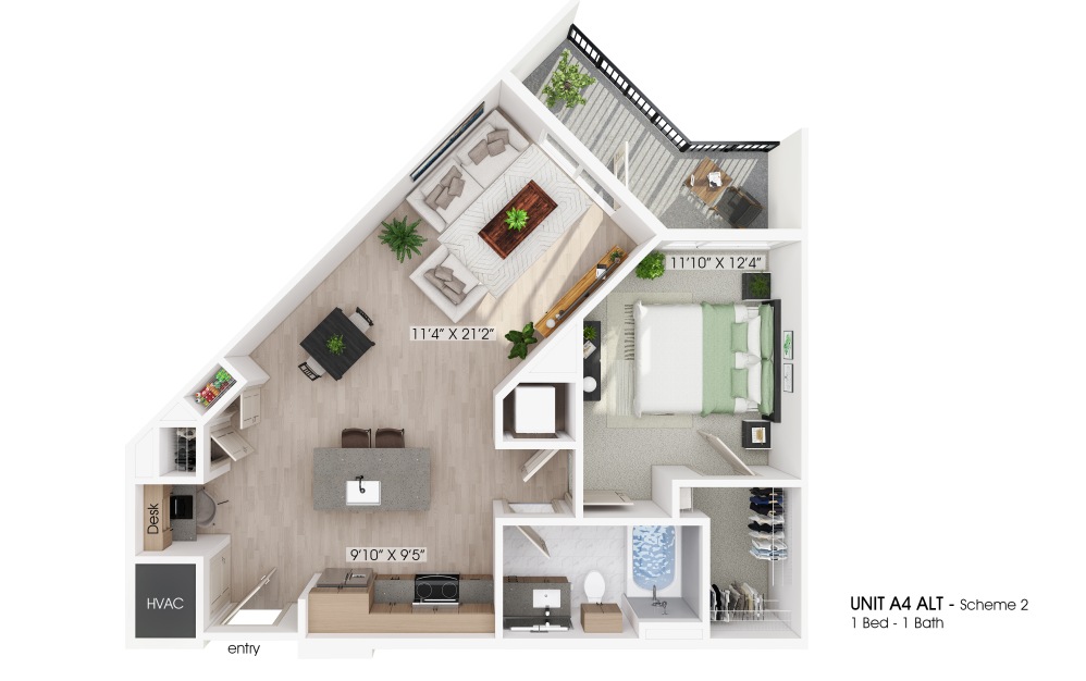 A4 ALT - 1 bedroom floorplan layout with 1 bathroom and 776 square feet (Furnished
)