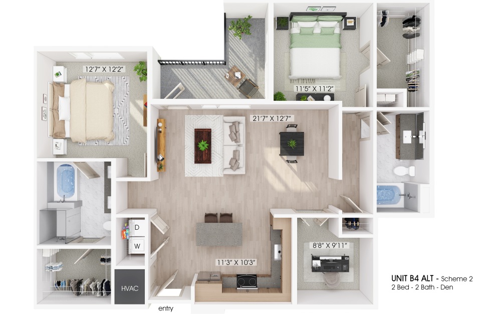 B4 ALT - 2 bedroom floorplan layout with 2 bathrooms and 1328 square feet (Furnished
)